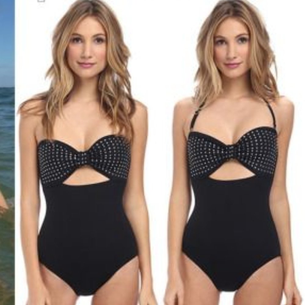 NWT Kate Spade Swimsuit Bikini one piece BLK Georgica Beach Jewels Bandeau - Picture 1 of 6